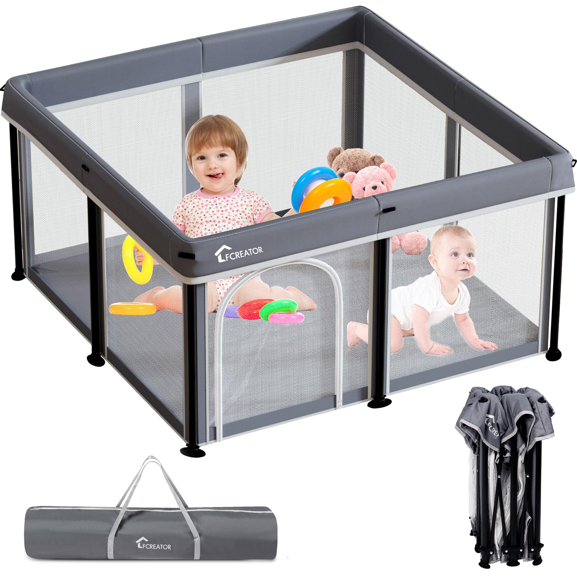 LFCREATOR Foldable Baby Playpen, Playpen for Babies and Toddlers Indoor & Outdoor,Baby Activity Center with Visible Breathable Mesh,50”×50”（Grey）