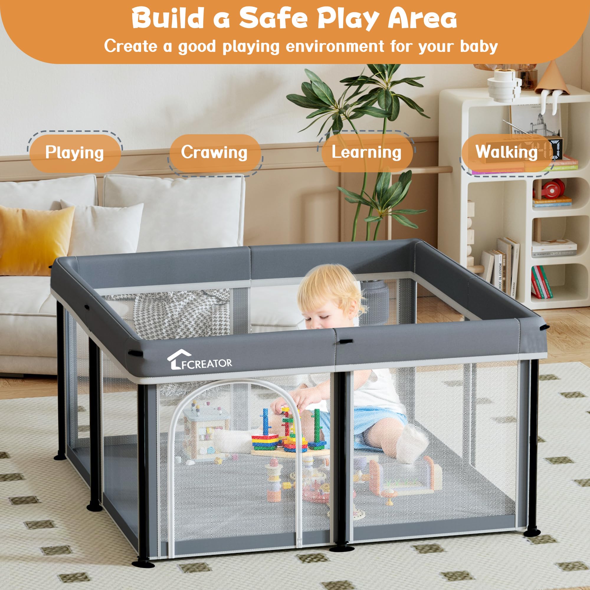 LFCREATOR Foldable Baby Playpen, Playpen for Babies and Toddlers Indoor & Outdoor,Baby Activity Center with Visible Breathable Mesh,50”×50”（Grey）