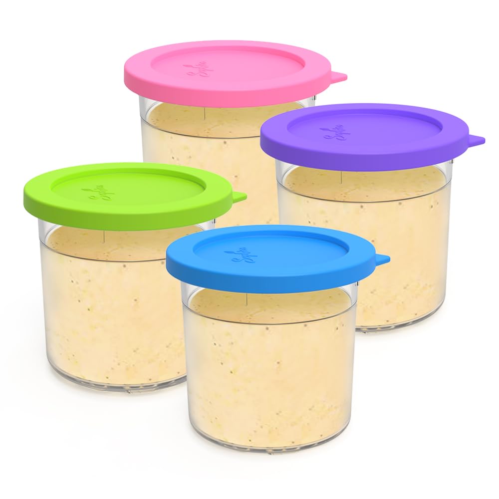 ARCOOLOR Containers Replacement for Ninja Creami Pints and Silicone Lid, 4 Pack, Compatible with NC299AMZ & NC300s Series Ice Cream Maker with E-Cookbook, Airtight & Dishwasher Safe (MIX1)