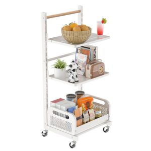 aratan 3 tier rolling cart, small utility cart on wheels, white detachable kitchen cart storage organizer cart with wooden handle for home, office and classroom