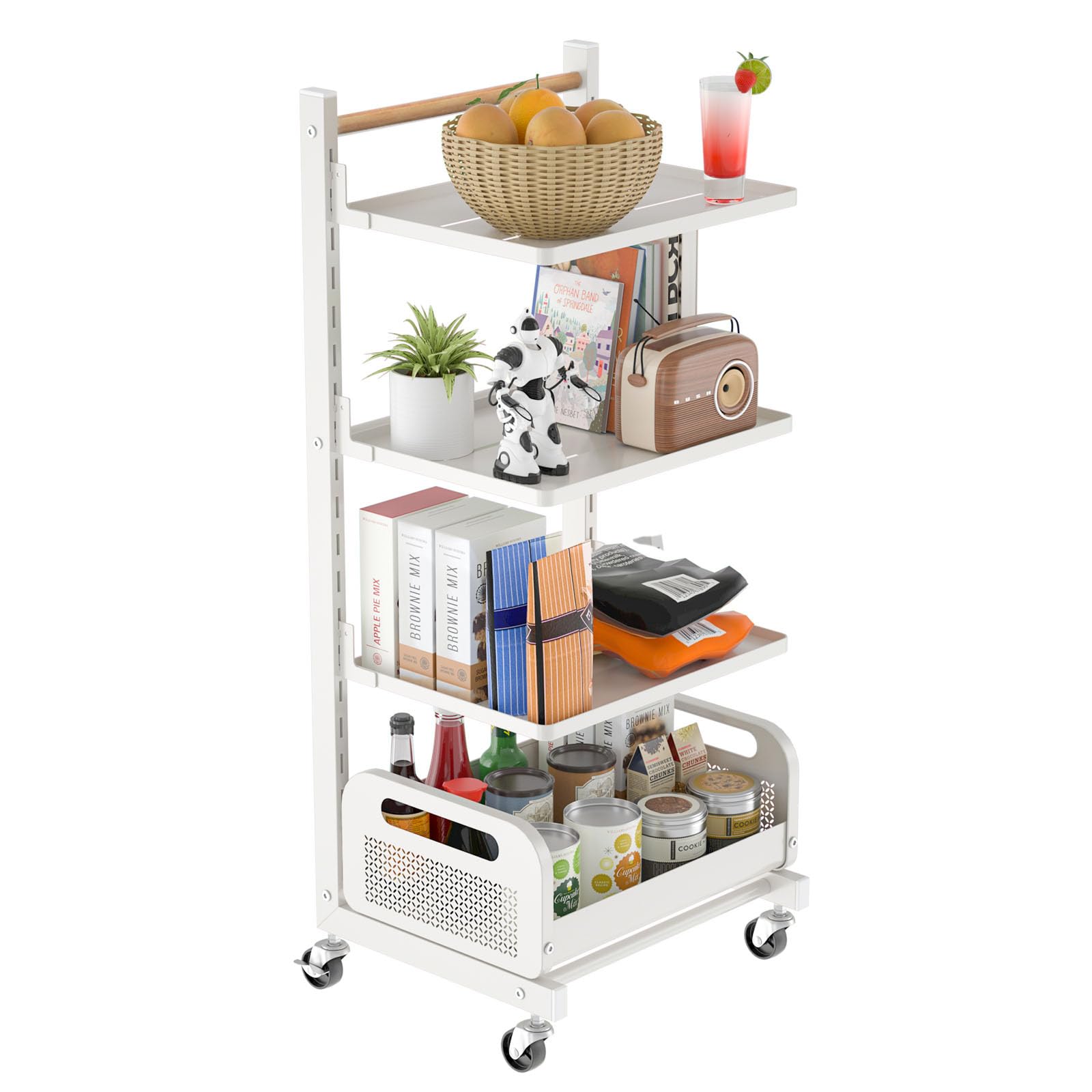 Aratan 4 Tier Rolling Cart, Metal Utility Cart on Wheels, Detachable Small Kitchen Cart Storage Organizer Cart with Wooden Handle for Home, Office and Classroom