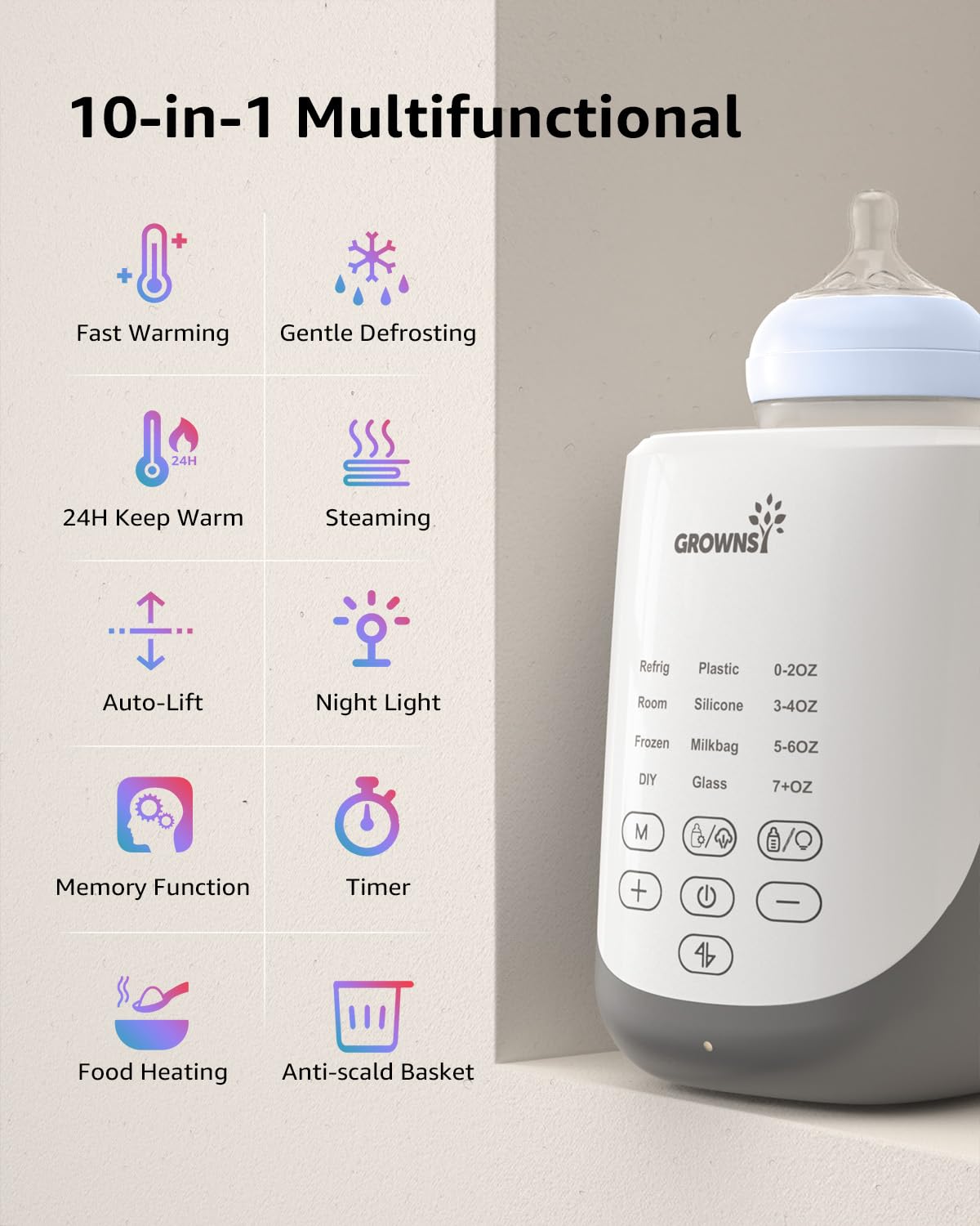 GROWNSY Bottle Warmer, 10-in-1 Fast Baby Bottle Warmer with Night Light for Breastmilk&Formula, Parent's Choice Milk Warmer with Innovative Auto-Lift Feature, Smart Accurate Control, Memory Function