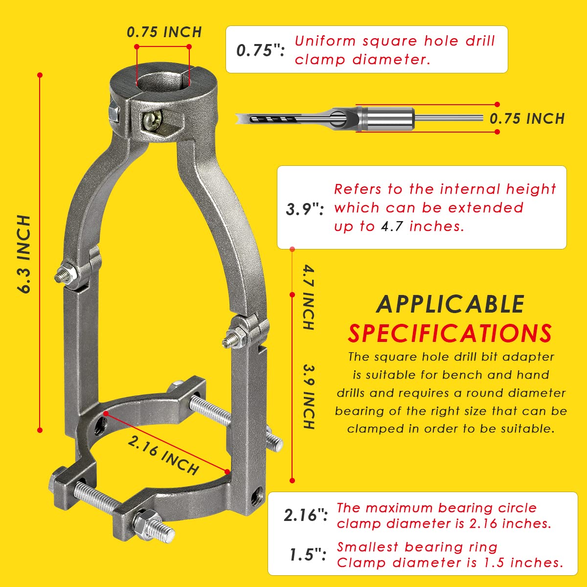 Square Hole Drill Bit Adapter for Drill Machine Accessory, Easy Installation and Disassembly, Mortising Attachment for Drill Press, Woodworking Mortise Machine, Tenon Drill Bits Fixing Bracket