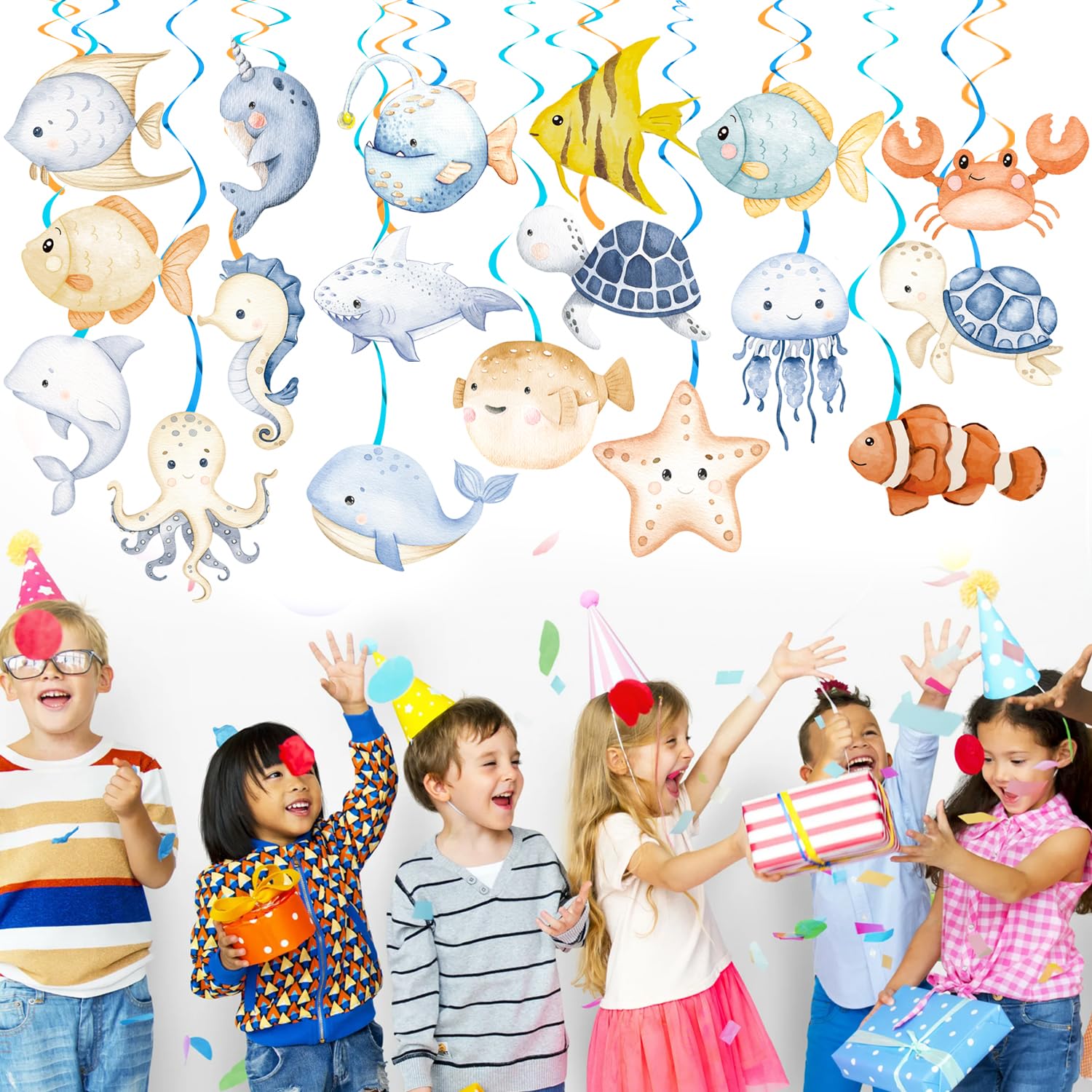 Ocean Animals Hanging Swirls 20Pcs Under The Sea Party Hanging Decorations Marine Animals Party Swirls Ceiling Ocean Party Decorations Streamers for Ocean Sea Theme Baby Shower Supplies