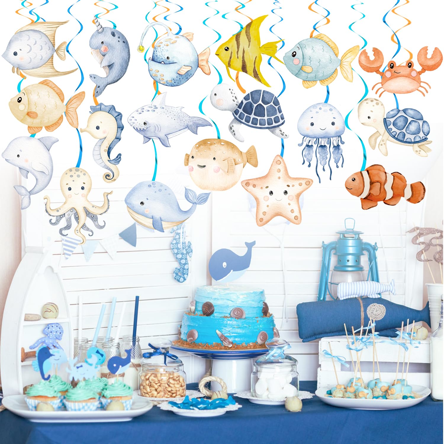 Ocean Animals Hanging Swirls 20Pcs Under The Sea Party Hanging Decorations Marine Animals Party Swirls Ceiling Ocean Party Decorations Streamers for Ocean Sea Theme Baby Shower Supplies