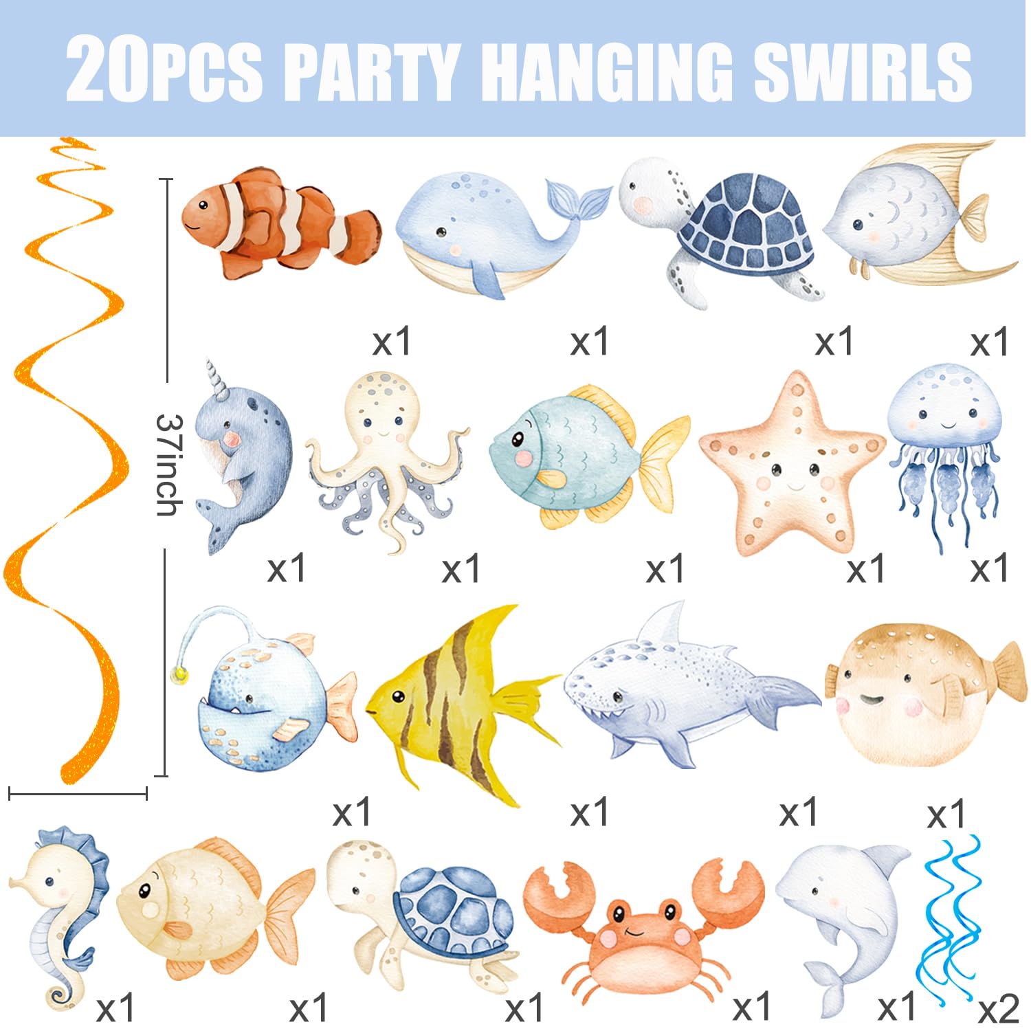 Ocean Animals Hanging Swirls 20Pcs Under The Sea Party Hanging Decorations Marine Animals Party Swirls Ceiling Ocean Party Decorations Streamers for Ocean Sea Theme Baby Shower Supplies