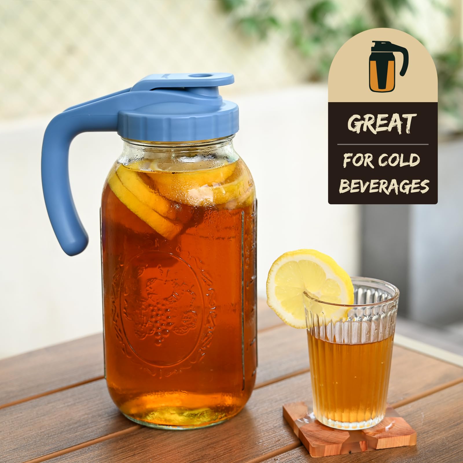 LIVEBAY Glass Pitcher with Lid 2 Quart (64oz / 2 Liter) Heavy Duty Wide Mouth Mason Jar Leak-proof Water Jug for Iced Tea, Juice and Drinks