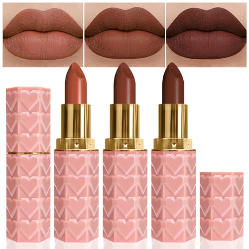 CAKAILA 3 Pcs Nude Brown Lipstick for Women Nude Lip Liner Set,Dark Brown Frost Lipsticks,Dark Brown Burgundy Mauve Matte Lipstick Lip Liner Set Long Lasting Waterproof 24 Hour Lipstick