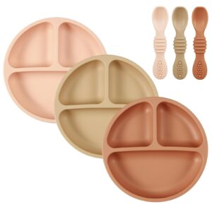 pandaear 3 pack toddler plates with 3 spoons, 100% silicone divided suction plate for babies, bpa-free, dishwasher and microwave safe -baby pink/light brown/brick red