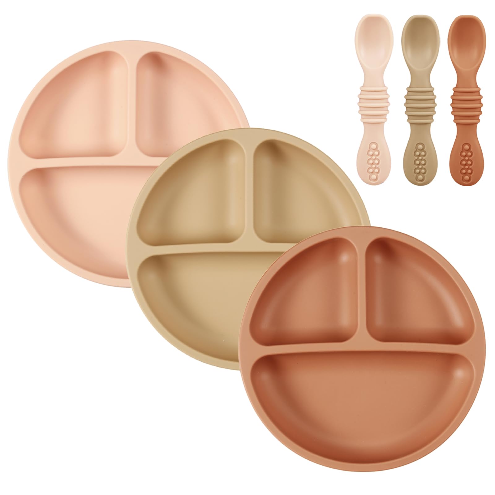 PandaEar 3 Pack Toddler Plates with 3 Spoons, 100% Silicone Divided Suction Plate for Babies, BPA-Free, Dishwasher and Microwave Safe -Baby pink/Light brown/Brick red