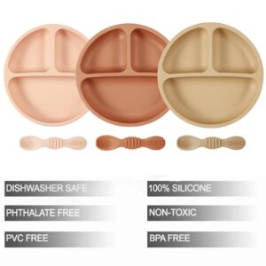 PandaEar 3 Pack Toddler Plates with 3 Spoons, 100% Silicone Divided Suction Plate for Babies, BPA-Free, Dishwasher and Microwave Safe -Baby pink/Light brown/Brick red