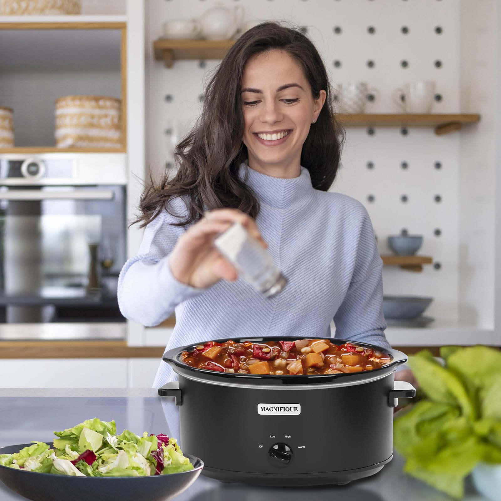 Magnifique 7 Quart Slow Cooker Oval Manual Pot Food Warmer with 3 Cooking Settings, Black Stainless Steel