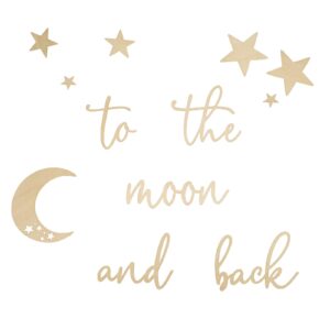 lintran wooden 3d wall quote decor - 'to the moon and back' with moon and stars set - unique wall decoration for nursery, kids room, or bedroom