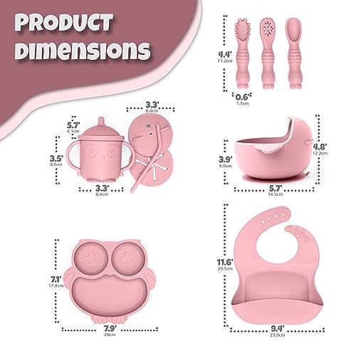 GIVWATER Owl-Themed Baby Led Weaning Supplies with Reusable Travel Cooler Bag, 16 pcs Silicone Baby Feeding BLW Set (Light Pink)