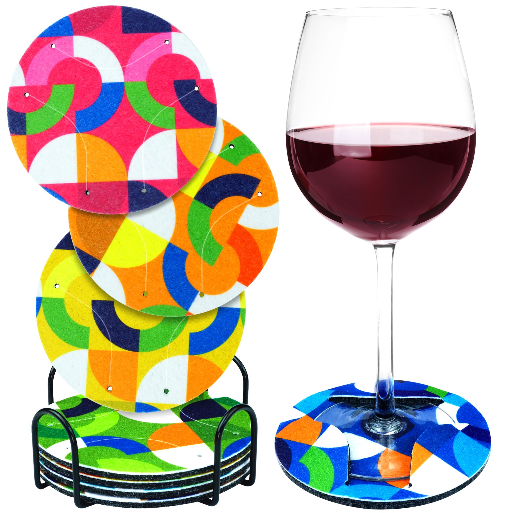 GIFTIZAN - Coasters Set of 8 - Coasters for Drinks Absorbent - Wine Charms for Stem Glasses - 100% Recyclable Premium Felt - with Metal Coaster Holder - House Warming Gifts (Chevron)