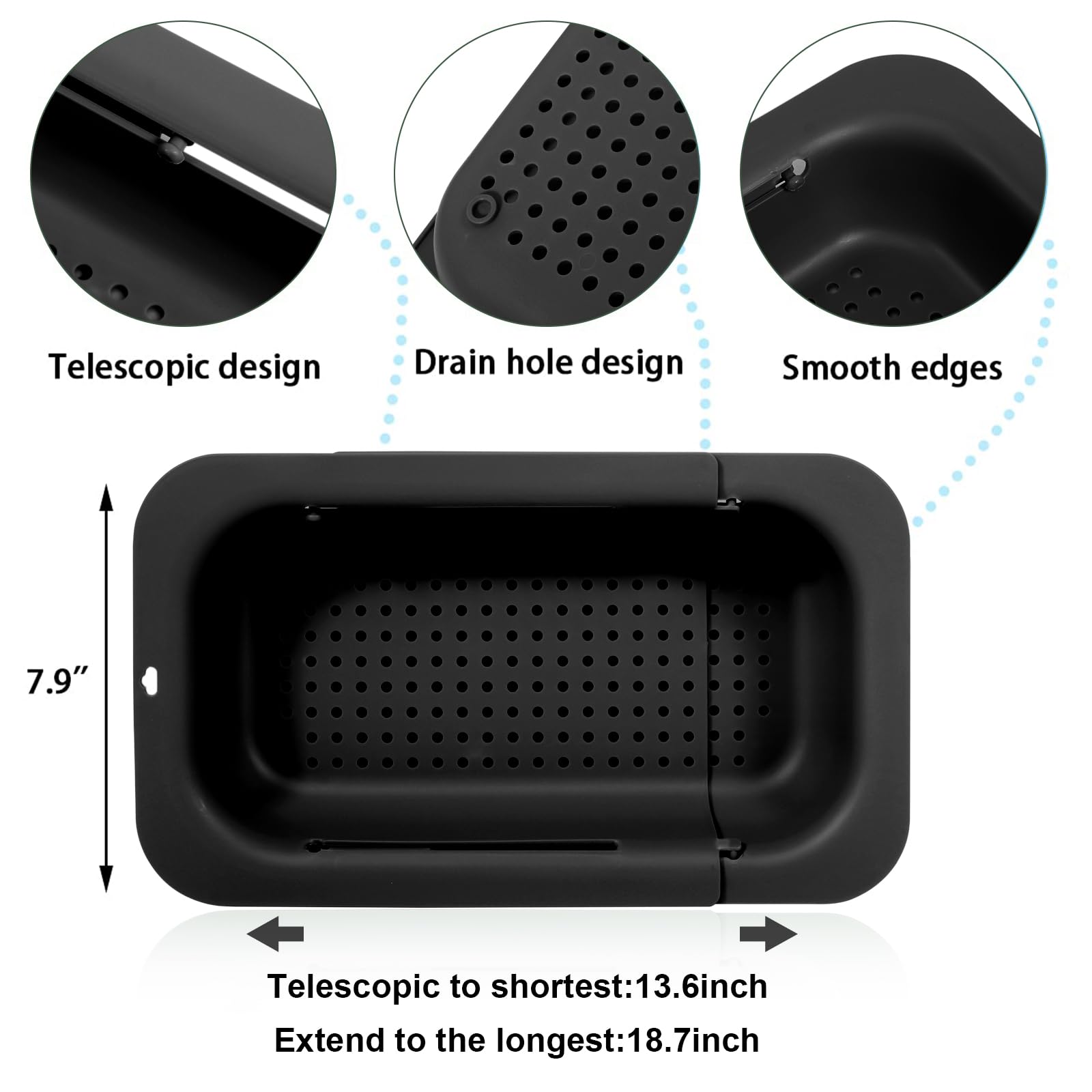 KesaPlan Collapsible Sink Colanders and Strainers Basket Extendable Plastic Fruit Vegetable Strainer Drainer Basket for Kitchen (Length 13.6 inch-18.7 inch) (black)