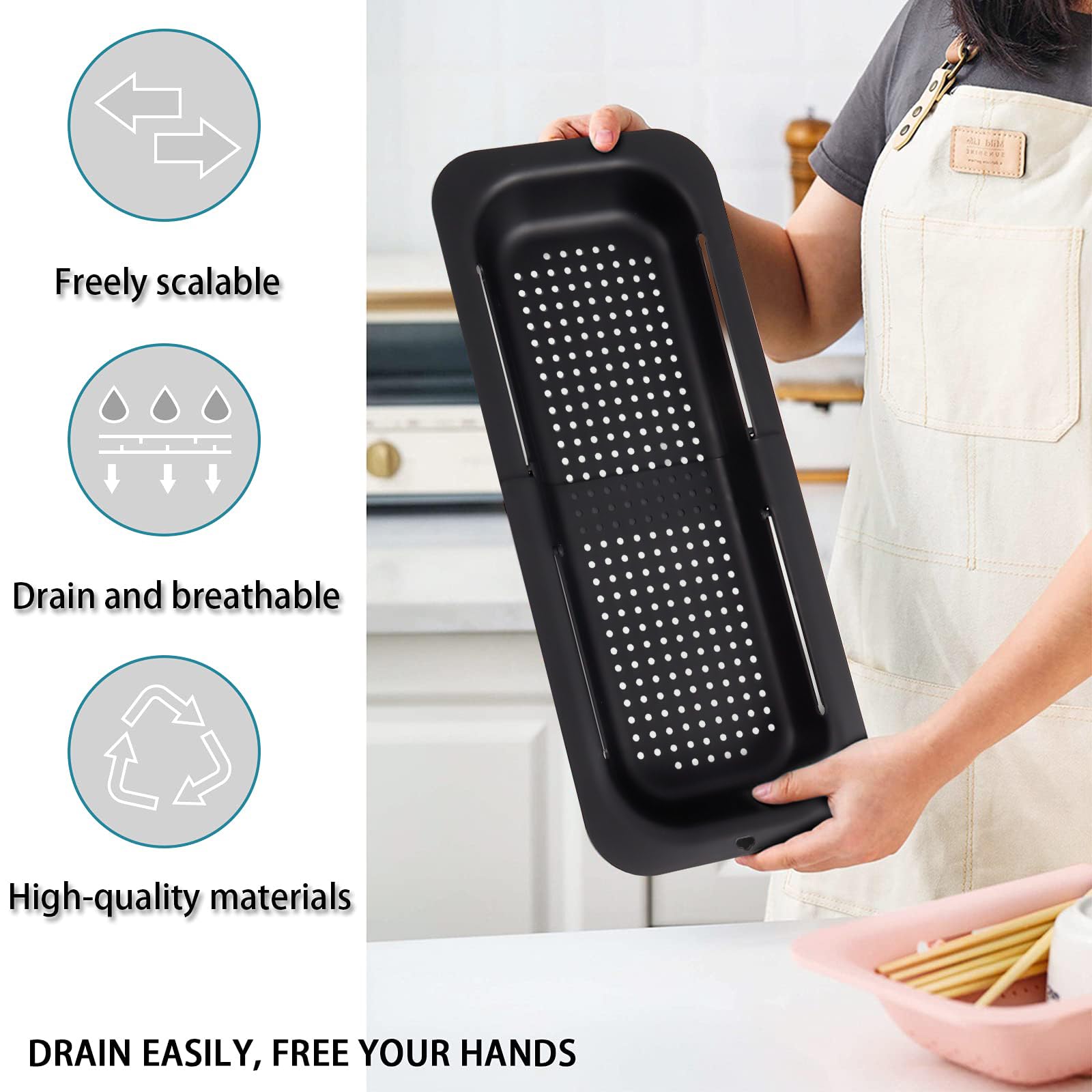 KesaPlan Collapsible Sink Colanders and Strainers Basket Extendable Plastic Fruit Vegetable Strainer Drainer Basket for Kitchen (Length 13.6 inch-18.7 inch) (black)