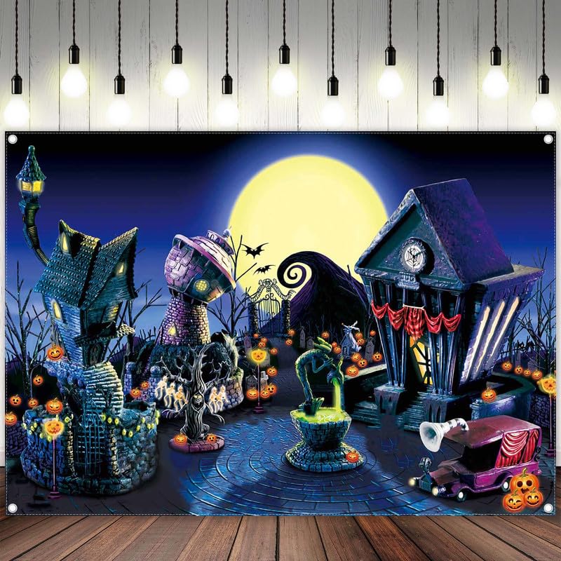 ZTHMOE 7x5ft Halloween Nightmare Themed Party Photography Backdrop Pumpkin Moon Town Background Birthday Baby Shower Christmas Party Decorations Photo Tapestry Props