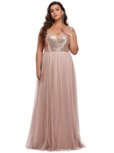 ever-pretty women's cap sleeve sequin plus size a-line tulle wedding party dress long rose gold us24