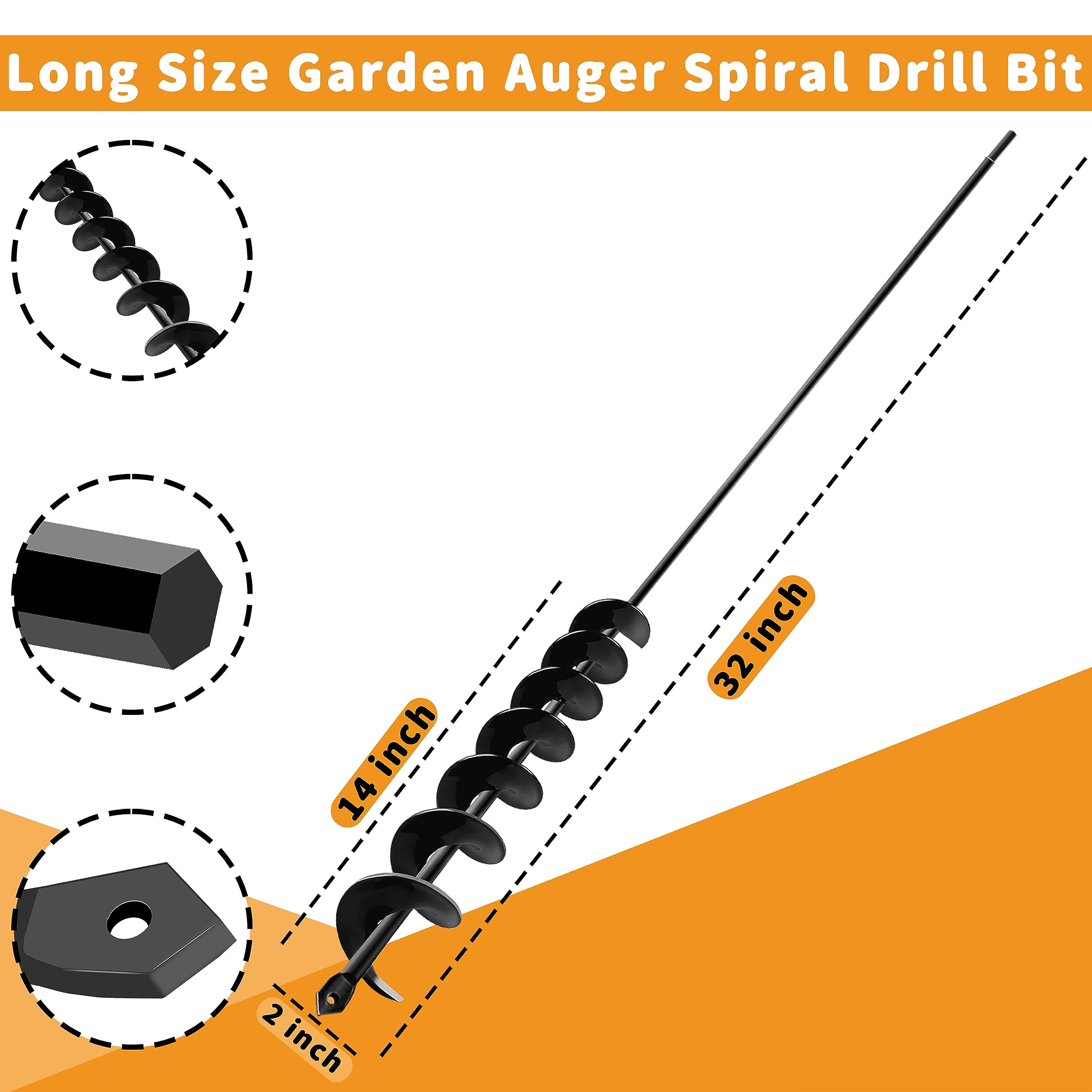 2 PCS Extended Length 2"x32"Garden Auger Drill Bit, Spiral Drill for Planting Bulbs and Potted Plants & No Need to Squat Down, Plant Bit with 3/8"Hex Drive Drill