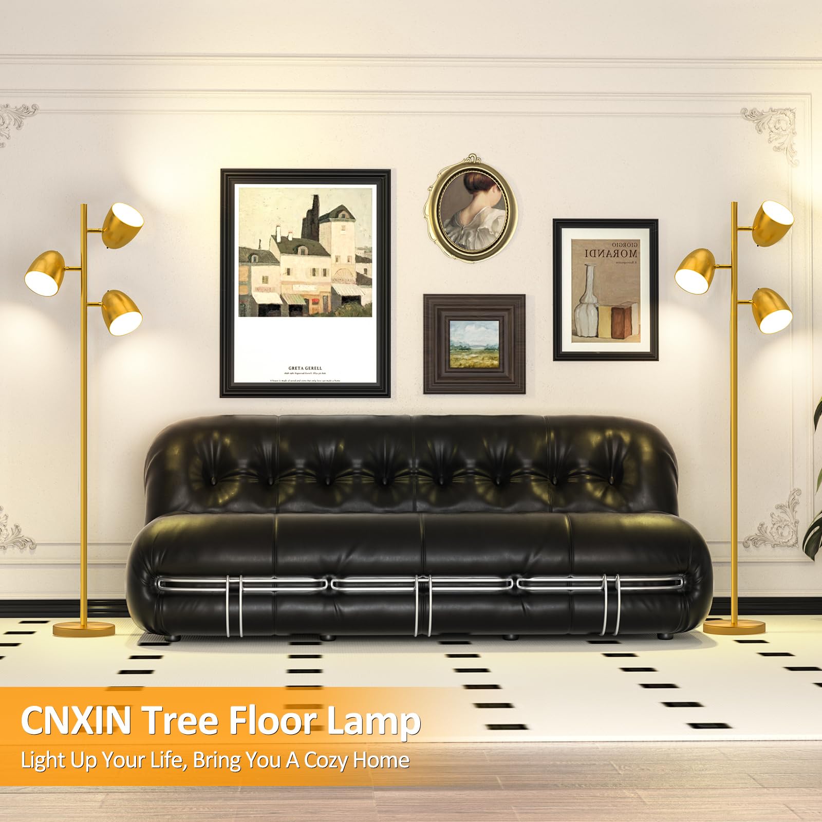 CNXIN Tree Floor Lamp with 3 Light Bulbs Standing Tall Pole Lamps with Adjustable Metal Heads 65"Reading Stand up Lamps with E26 Base Modern Floor Lamps for Living Rooms, Bedrooms, Home, Office(Gold)