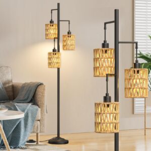 cnxin 3-lights rattan floor lamps with on/off foot switch tree standing lamp with wood rattan lampshades boho floor lamp tall pole lamp for living room bedroom office, 3 pcs 6w bulbs included
