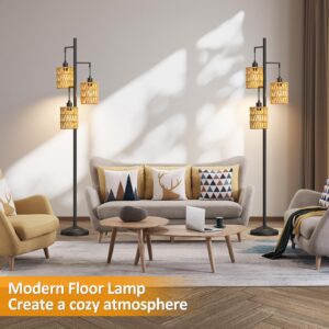 CNXIN 3-Lights Rattan Floor Lamps with ON/Off Foot Switch Tree Standing Lamp with Wood Rattan Lampshades Boho Floor Lamp Tall Pole Lamp for Living Room Bedroom Office, 3 PCS 6W Bulbs Included