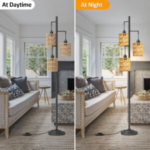CNXIN 3-Lights Rattan Floor Lamps with ON/Off Foot Switch Tree Standing Lamp with Wood Rattan Lampshades Boho Floor Lamp Tall Pole Lamp for Living Room Bedroom Office, 3 PCS 6W Bulbs Included