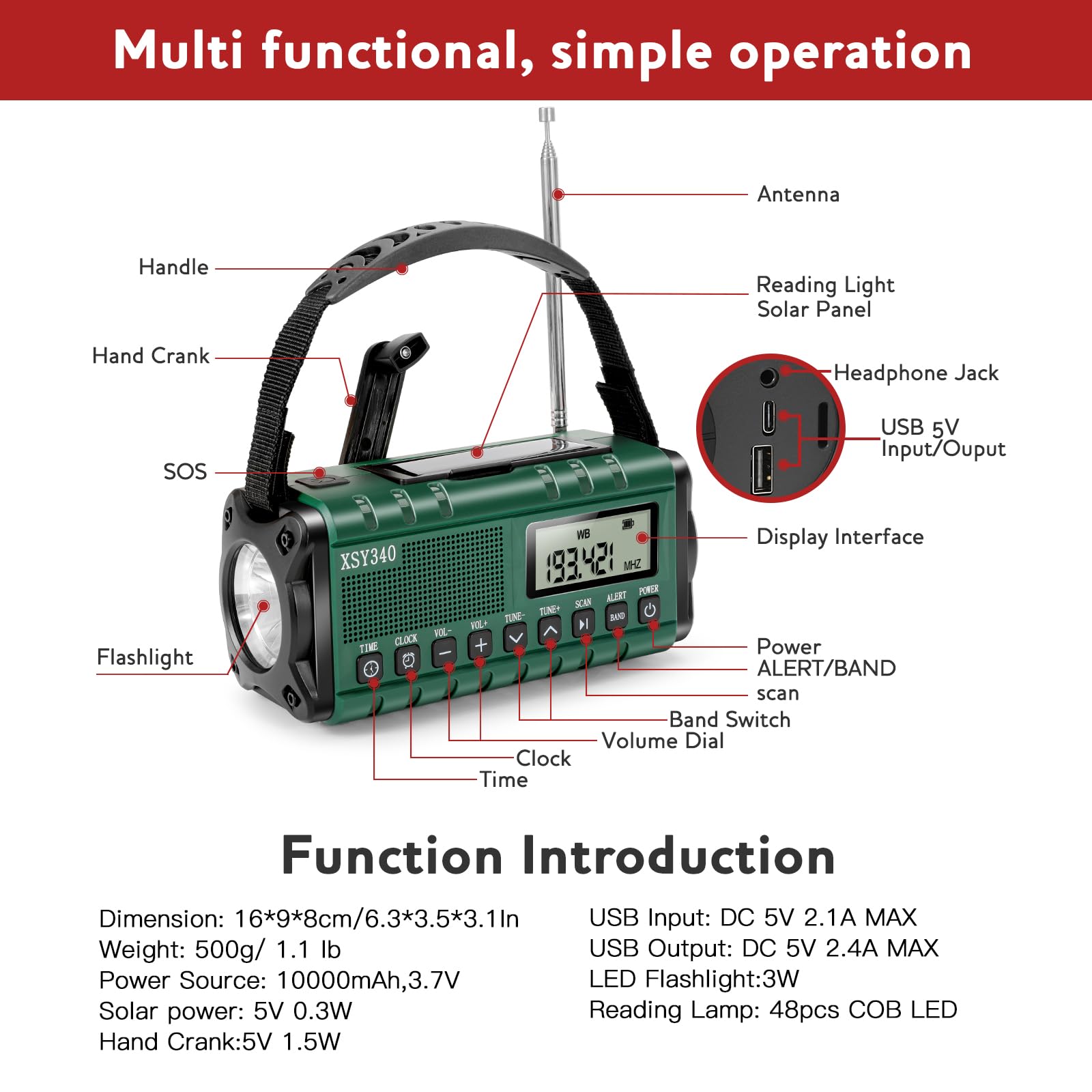 10000mAh Emergency Radio, Solar Charging, Hand Crank, NOAA Weather Alert Radio & Power Bank, SOS, AM/FM/WB & LED Flashlight for Emergency Kit, Type-C Charge, Reading Lamp,Headphone Jack