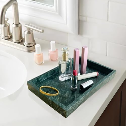 PROCIDA 100% Natural Marble Vanity Tray Green Marble Stone Organizer Tray for Bathroom Kitchen Dresser Perfume, Non-Resin, Non-Ceramic, Thickened & Strengthened Material, 12"x8"