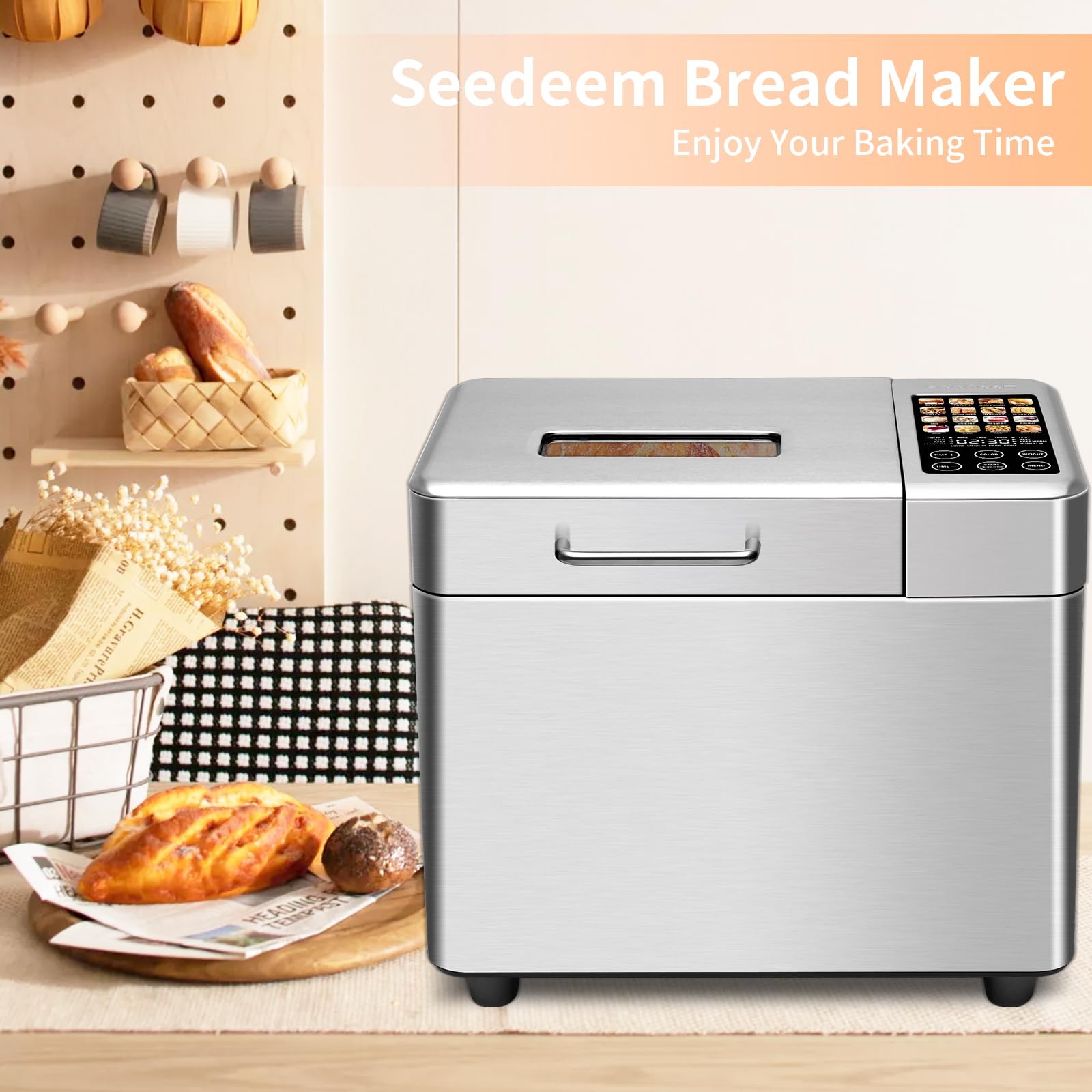 SEEDEEM 16-in-1 Bread Machine, 2.2LB Stainless Steel Bread Maker with Fruit and Nut Dispenser, Nonstick Ceramic Pan, 3 Crust Colors & 3 Loaf Sizes, Touch Panel, Recipes, Silver