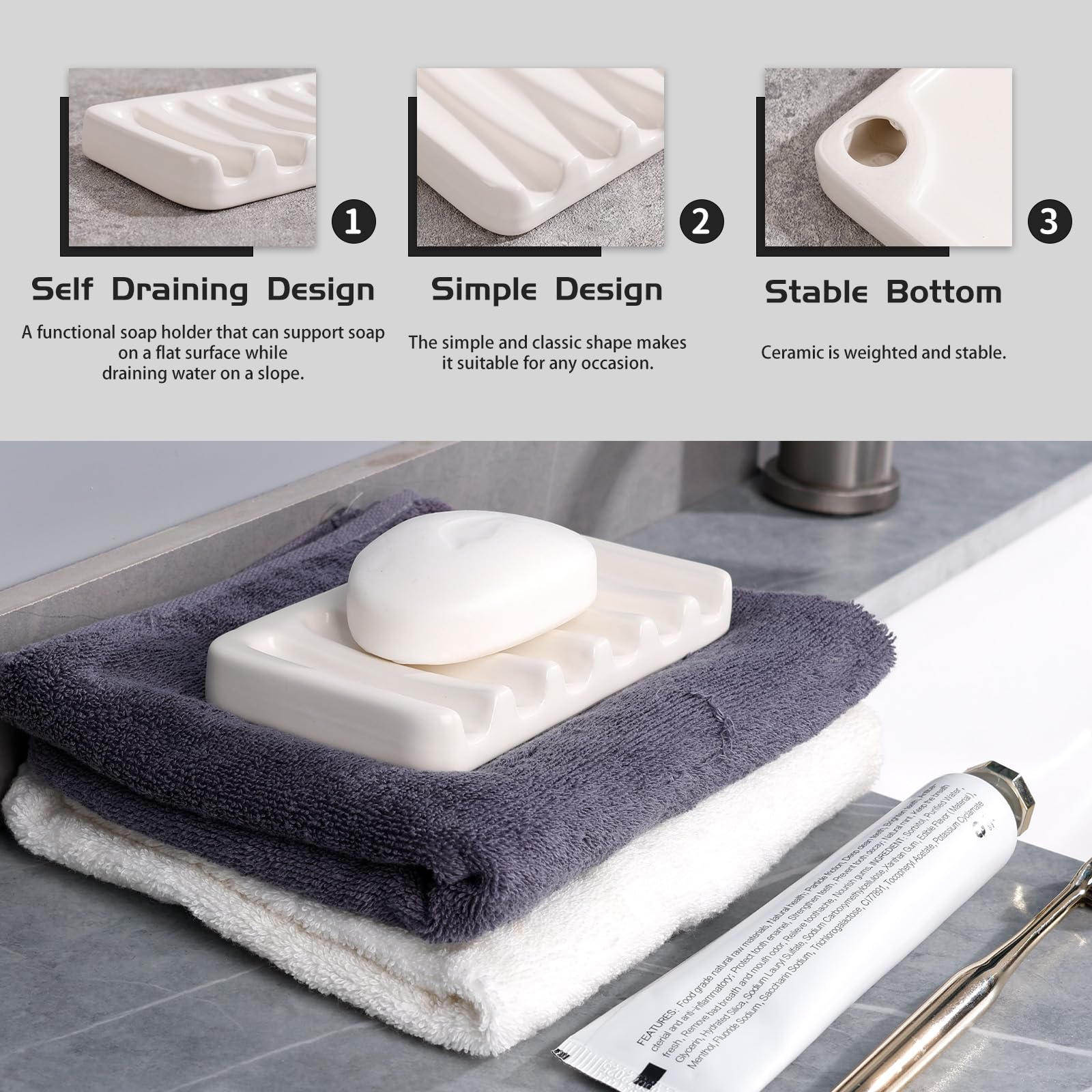 Soap Dish, Ceramic Self Draining Soap Holder, Beige Bar Soap Holder for Shower, Soap Dishes for Bathroom, Easy to Clean Keeps Soap Dry, ANTIS'S HOME