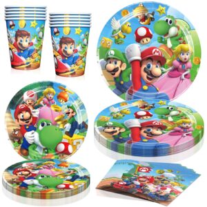 80 pcs mario tableware sets, birthday party supplies paper plates and napkins set includes 40 pcs plates, 20 pcs napkins, 20 pcs cups for mario party decorations