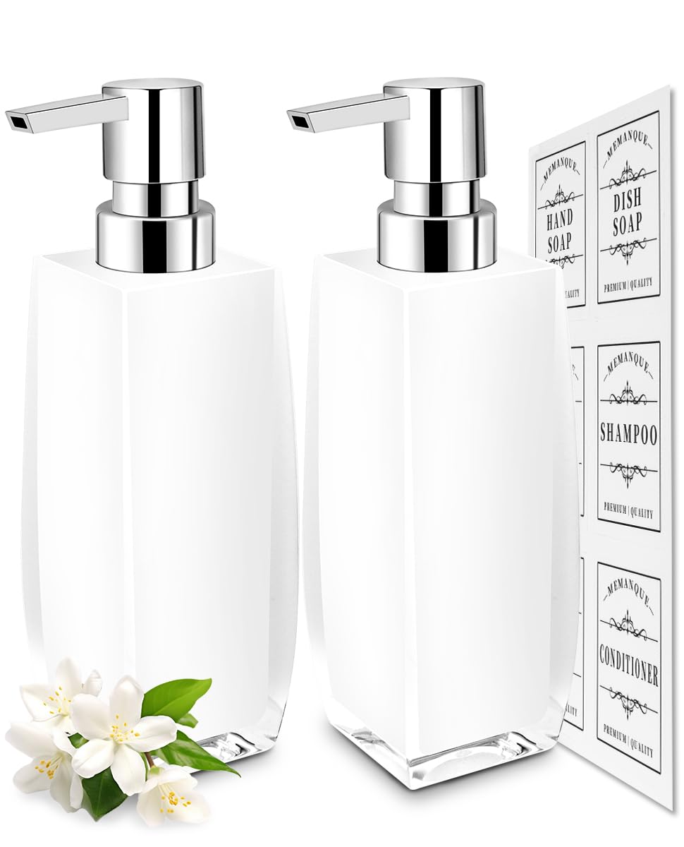 Memanque White Soap Dispenser Bathroom,2 Pack Kitchen Hand and Dish Soap Dispenser Set, Bathroom Soap and Lotion Dispenser,Refillable Liquid Soap Dispenser