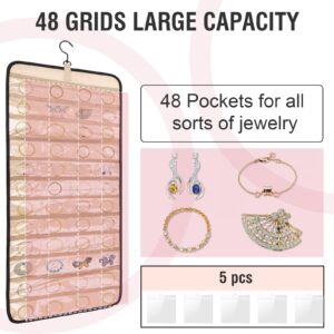 VOPTON Large Hanging Jewelry Organizer with 48 Pockets, Necklace Holder Wall Mounted, Dual-Sided Travel Bracelet Ring Earrings Storage Closet, Jewelry Hangers Hooks for 36 Necklaces Door and 5 Bags