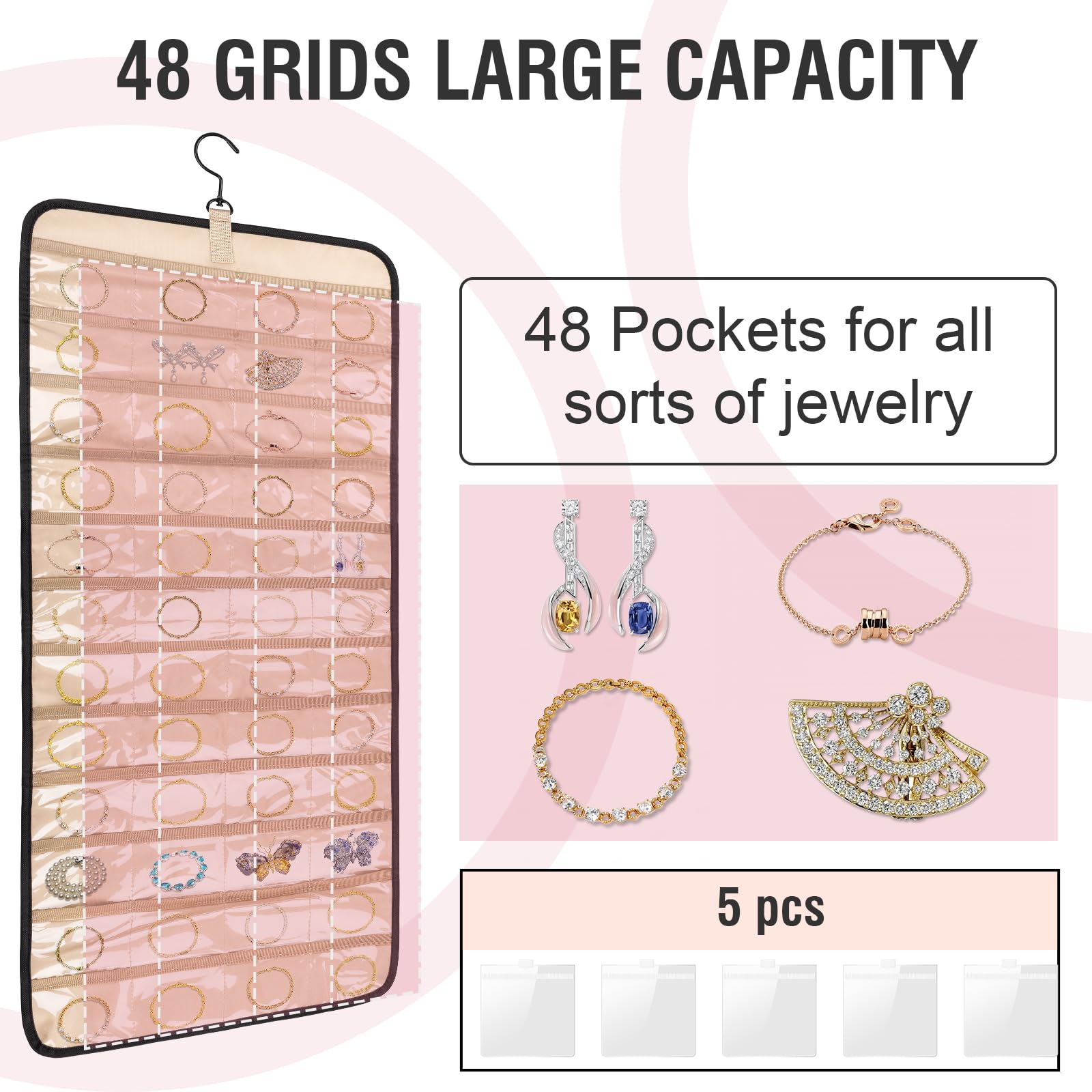 VOPTON Large Hanging Jewelry Organizer with 48 Pockets, Necklace Holder Wall Mounted, Dual-Sided Travel Bracelet Ring Earrings Storage Closet, Jewelry Hangers Hooks for 36 Necklaces Door and 5 Bags