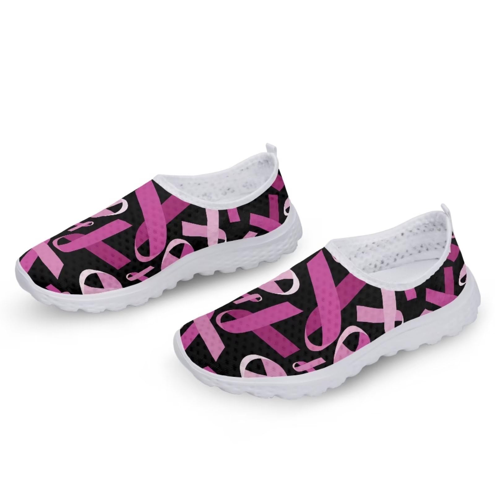 POLERO Breast Cancer Awareness Shoes for Women Pink Ribbon Slip On Shoes Flat Air Mesh Water Shoes Quick Drying Footwear for Casual Indoor Outdoor Size 8