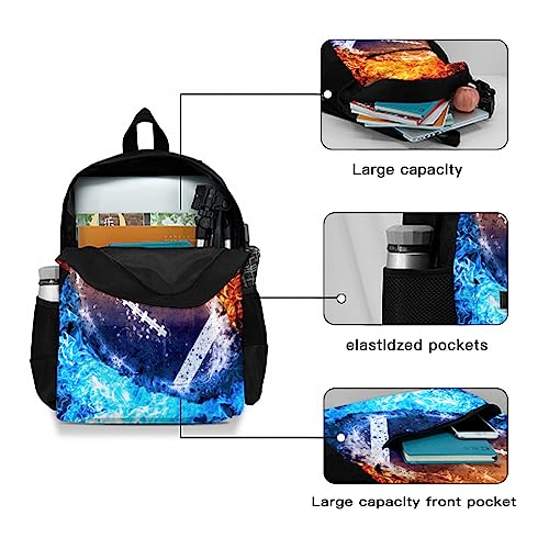 Srufqsi Red and Blue Fire with Football Backpack School Bookbag For Boys Girls College Backpack Laptop Backpacks Travel Daypack For Teen Women Men