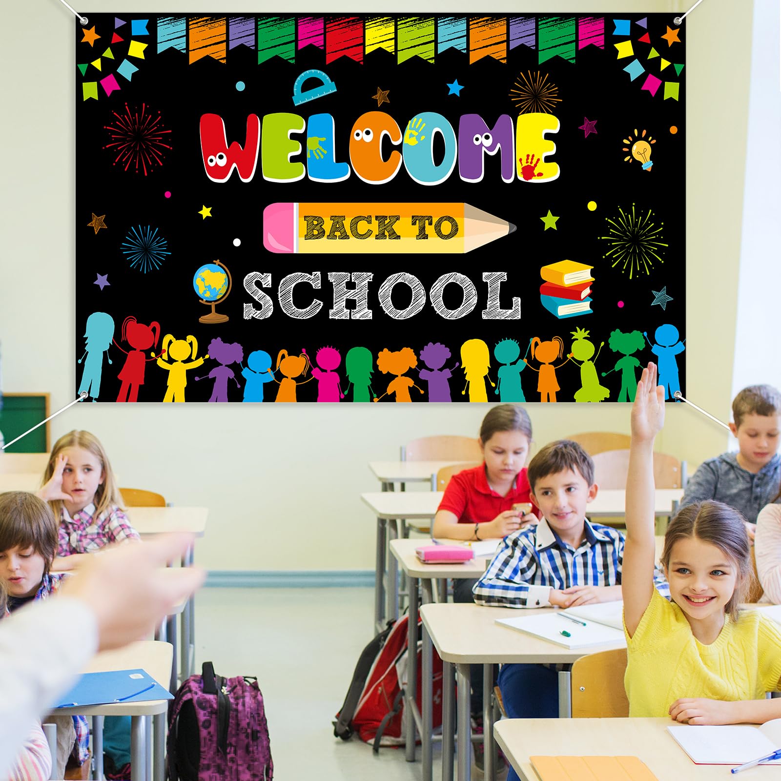 Welcome Back to School Backdrop Banner Decorations, Large Fabric Welcome Back to School Bulletin Board Decorations, Welcome Back to School Photo Booth Background Wall Decorations, 72.8 x 43.3 Inch