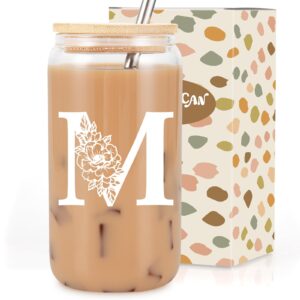 coolife initial glass cup, monogrammed gifts for women, 16 oz glass cups w/lids straws, iced coffee, smoothie, beer glass tumbler w/straw lid - personalized mothers day, birthday gifts for her mom