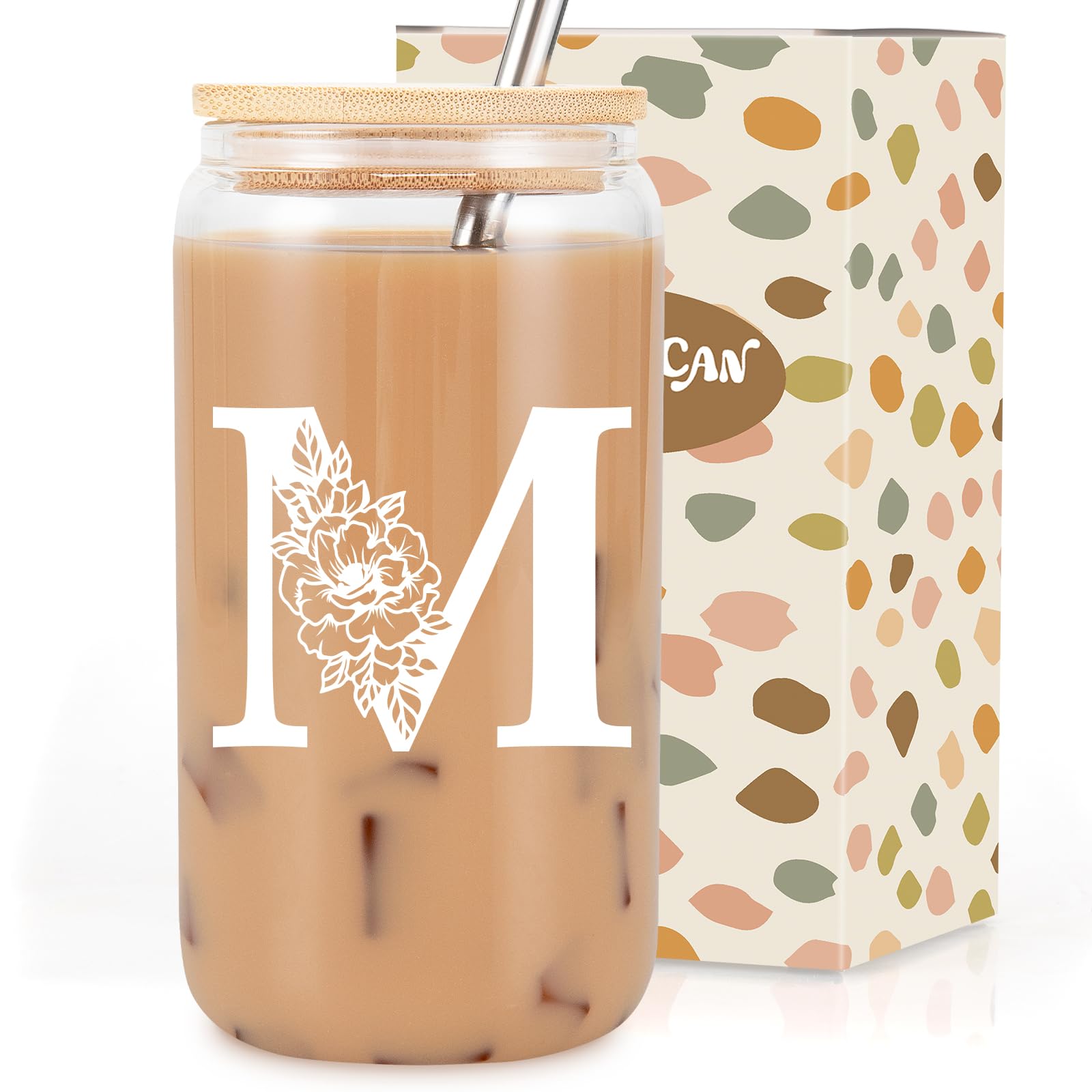 Coolife Initial Glass Cup, Monogrammed Gifts for Women, 16 oz Glass Cups w/Lids Straws, Iced Coffee, Smoothie, Beer Glass Tumbler w/Straw Lid - Personalized Mothers Day, Birthday Gifts for Her Mom