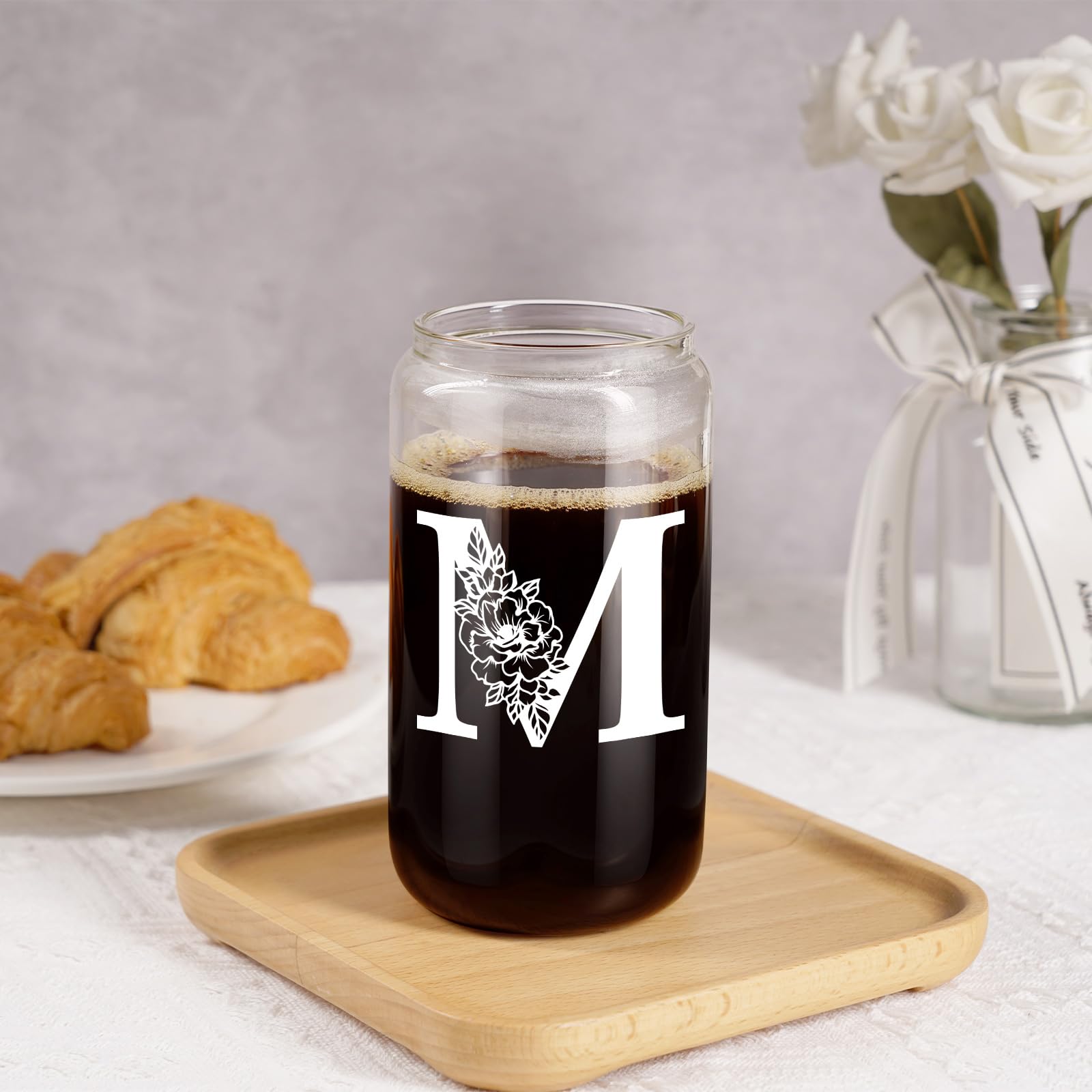 Coolife Initial Glass Cup, Monogrammed Gifts for Women, 16 oz Glass Cups w/Lids Straws, Iced Coffee, Smoothie, Beer Glass Tumbler w/Straw Lid - Personalized Mothers Day, Birthday Gifts for Her Mom