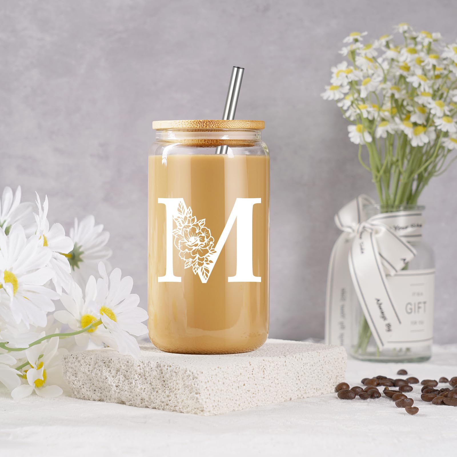 Coolife Initial Glass Cup, Monogrammed Gifts for Women, 16 oz Glass Cups w/Lids Straws, Iced Coffee, Smoothie, Beer Glass Tumbler w/Straw Lid - Personalized Mothers Day, Birthday Gifts for Her Mom