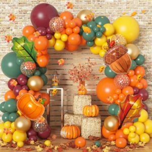 187pcs thanksgiving balloons garland arch kit, thanksgiving party decorations orange yellow burgundy green balloon maple leaves for birthday friendsgiving little pumpkin baby shower party supplies