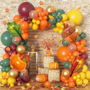 187Pcs Thanksgiving Balloons Garland Arch Kit, Thanksgiving Party Decorations Orange Yellow Burgundy Green Balloon Maple Leaves for Birthday Friendsgiving Little Pumpkin Baby Shower Party Supplies