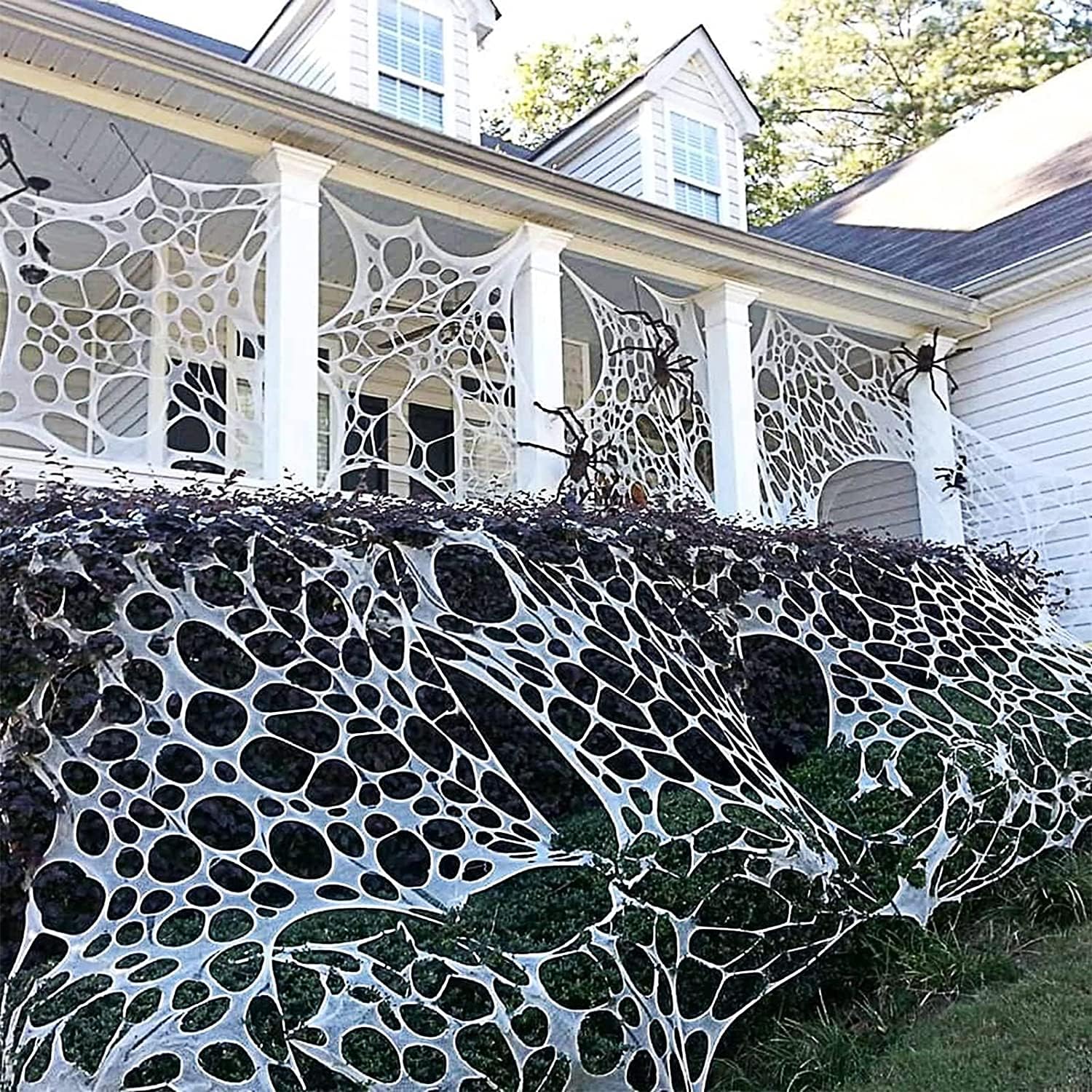 DUALFUN Outdoor Halloween Decorations Spider Web, 450 sqft Stretchy Halloween Spider Web, Beef Netting Roll Spider Web for Halloween Decor, Haunted House (Spiders Not Included)