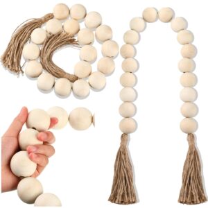 2 pcs large wood bead garland with 1.57" diameter wood beads and tassel, decorative beads boho home decor 40'' long oversized wooden beads garland table decoration for tiered tray wall (white)
