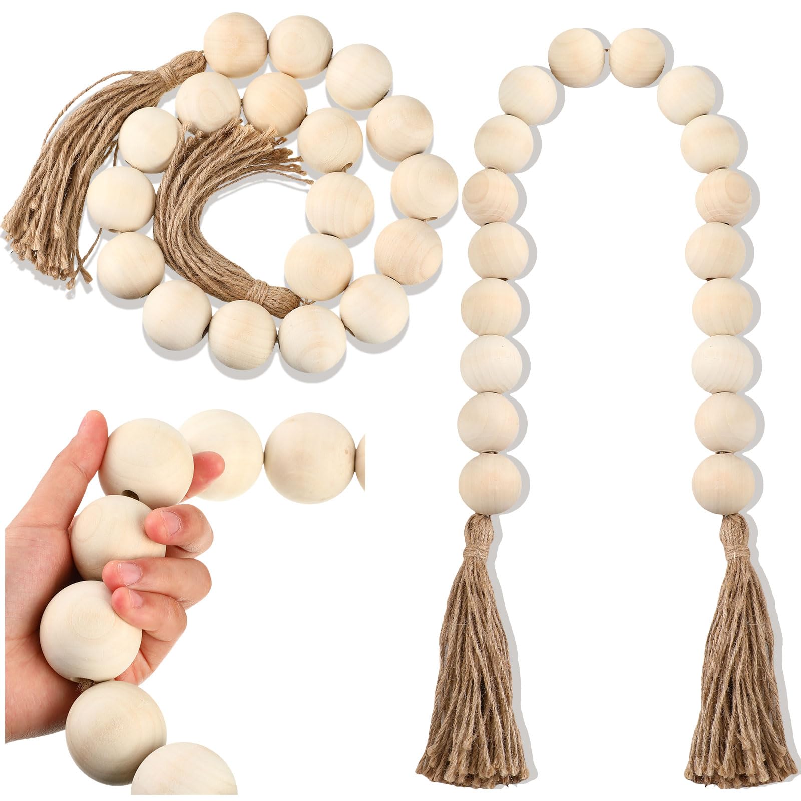 2 Pcs Large Wood Bead Garland with 1.57" Diameter Wood Beads and Tassel, Decorative Beads Boho Home Decor 40'' Long Oversized Wooden Beads Garland Table Decoration for Tiered Tray Wall (White)