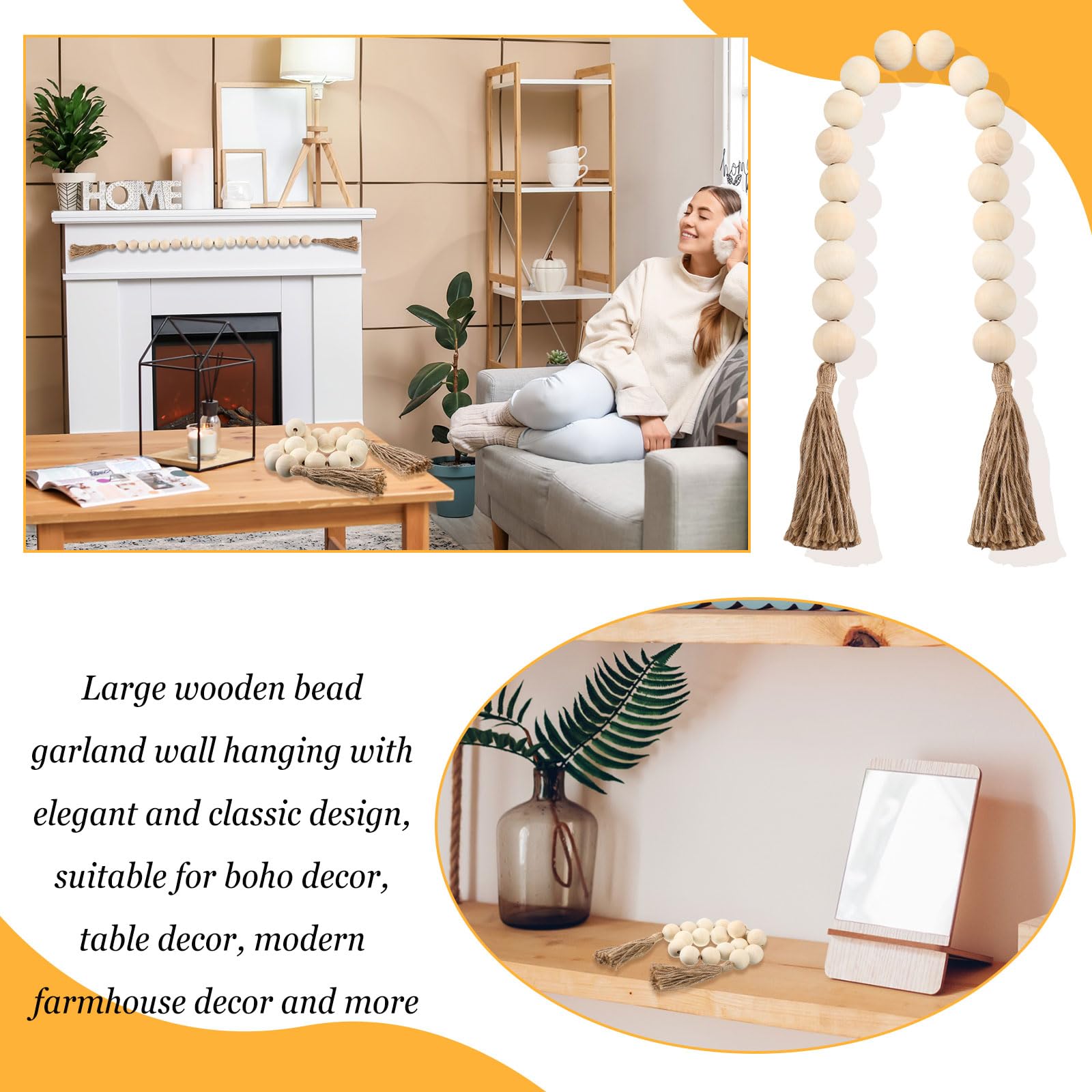 2 Pcs Large Wood Bead Garland with 1.57" Diameter Wood Beads and Tassel, Decorative Beads Boho Home Decor 40'' Long Oversized Wooden Beads Garland Table Decoration for Tiered Tray Wall (White)