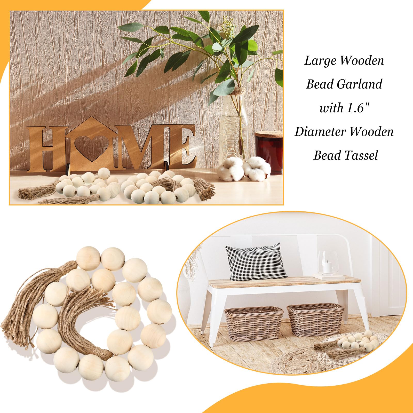 2 Pcs Large Wood Bead Garland with 1.57" Diameter Wood Beads and Tassel, Decorative Beads Boho Home Decor 40'' Long Oversized Wooden Beads Garland Table Decoration for Tiered Tray Wall (White)